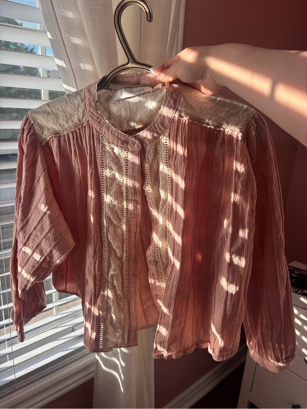 bishop + young Blush Pink Lace-Trim Button Front Top